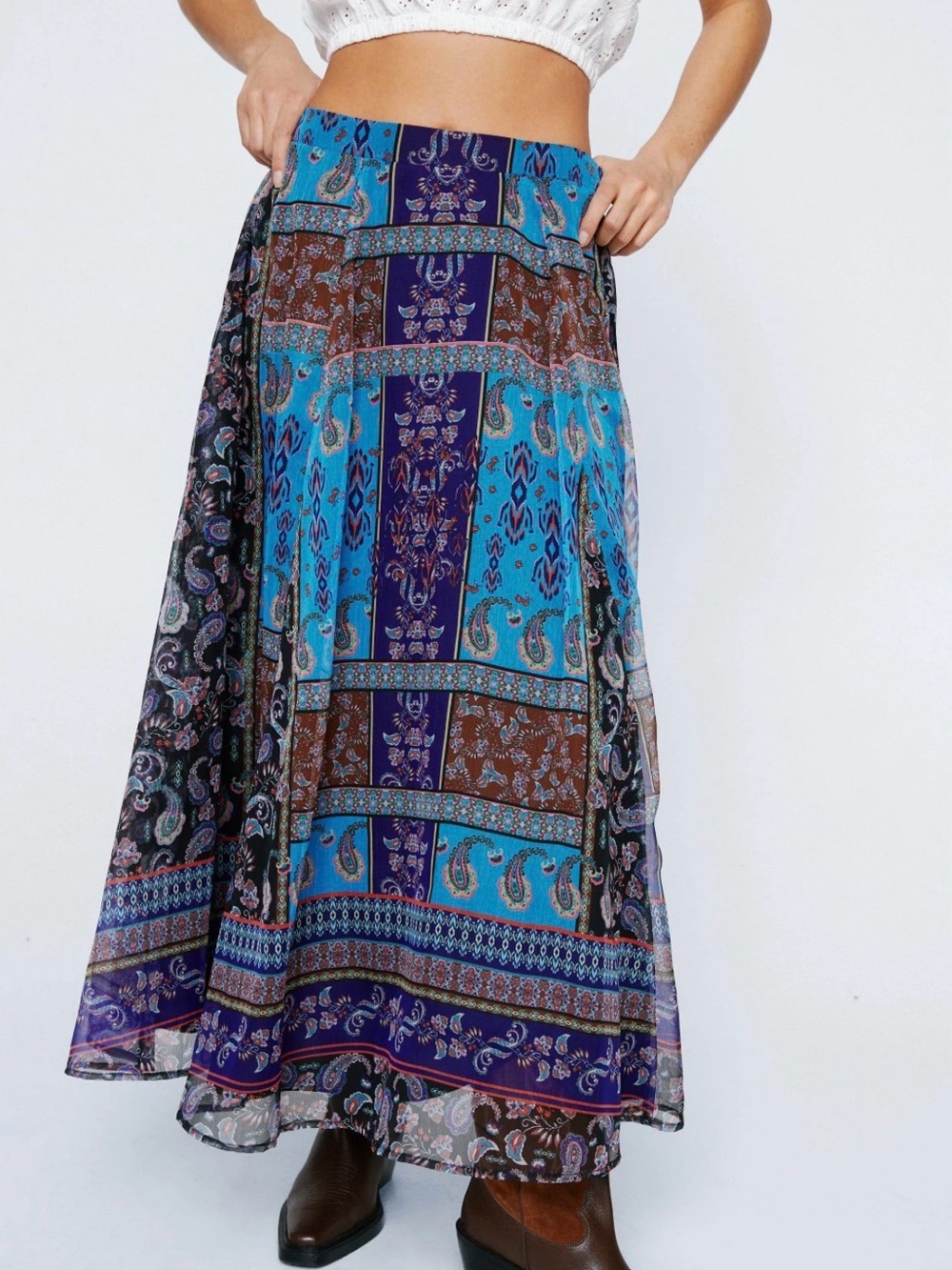 Nasty Gal Blue and Brown Paisley Patchwork Maxi Skirt B0776